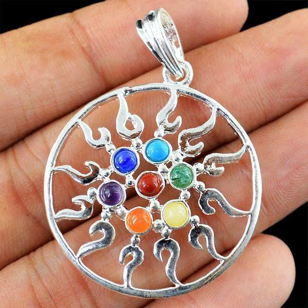 gemsmore:Natural Round Shape Seven Chakra Healing Pendant