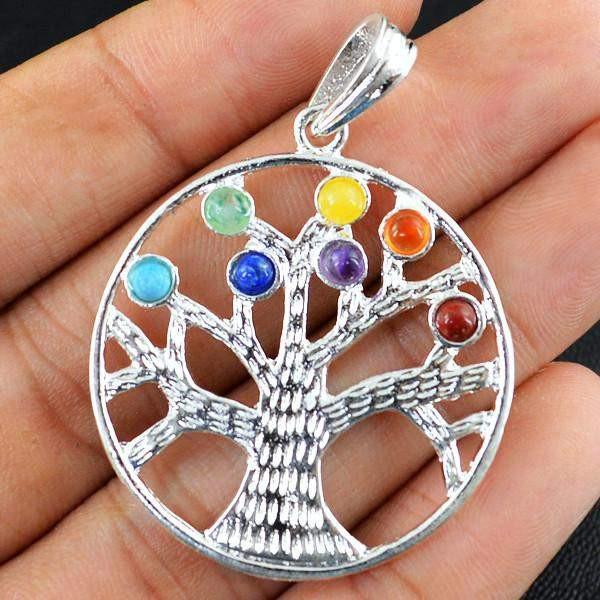 gemsmore:Natural Round Shape Seven Chakra Healing Tree Pendant