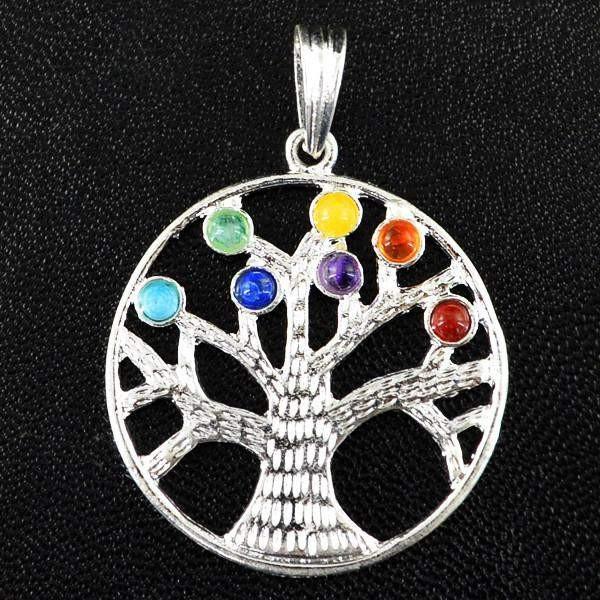 gemsmore:Natural Round Shape Seven Chakra Healing Tree Pendant