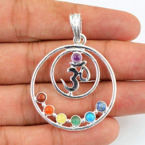 gemsmore:Natural Round Shape Seven Chakra OM Healing Pendant