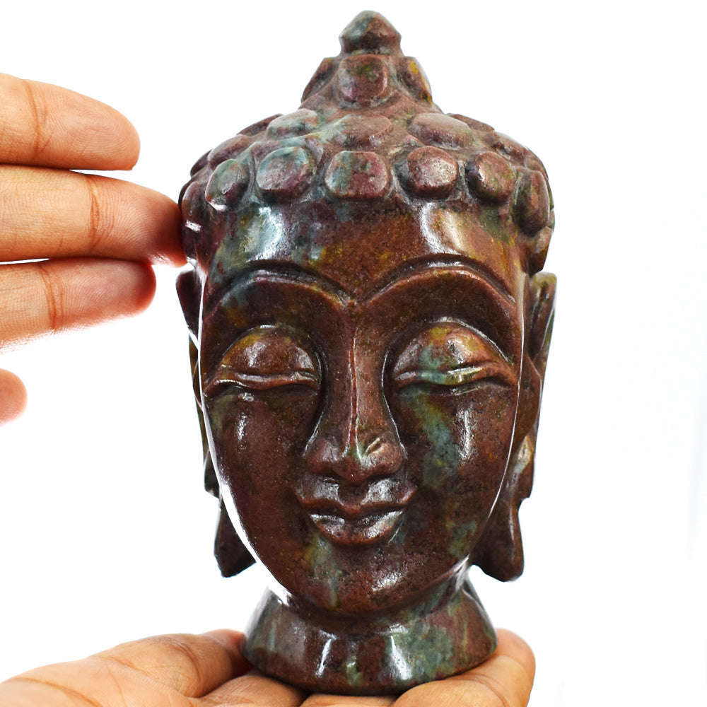 gemsmore:Natural Ruby In Kyanite Crystal Hand Carved Lord Buddha Head