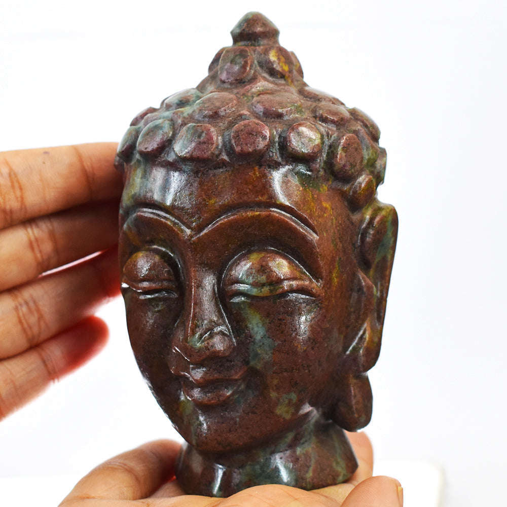 gemsmore:Natural Ruby In Kyanite Crystal Hand Carved Lord Buddha Head