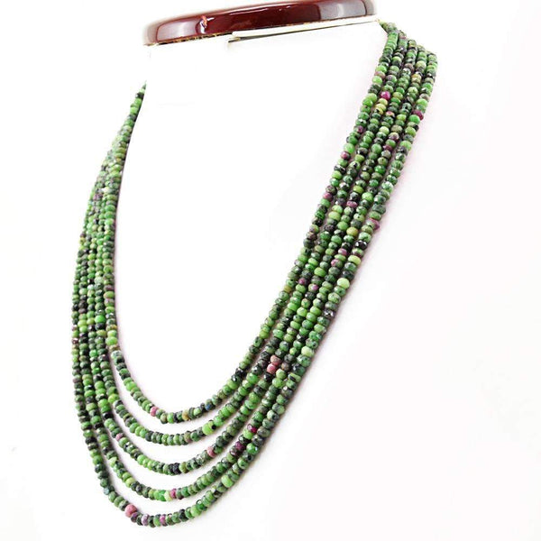 gemsmore:Natural Ruby Ziosite Necklace 5 Line Untreated Round Cut Beads