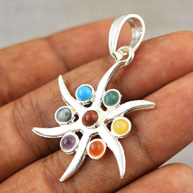 gemsmore:Natural Seven Chakra Healing Flower Pendant - Designer