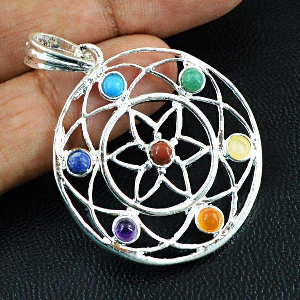 gemsmore:Natural Seven Chakra Healing Pendant - Round Shape