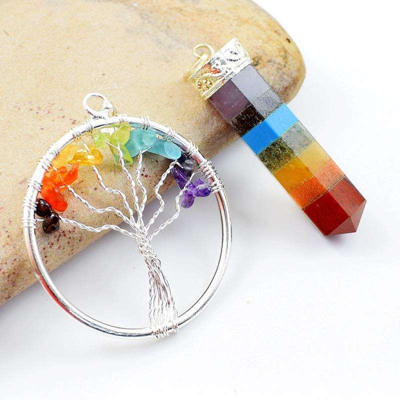 gemsmore:Natural Seven Chakra Healing Tree Pendant & Point Pendant Set