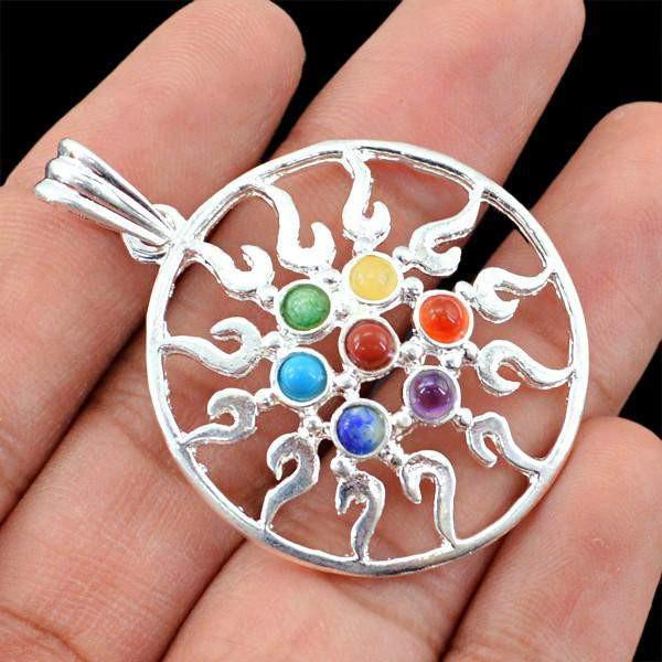 gemsmore:Natural Seven Chakra Round Shape Healing Pendant