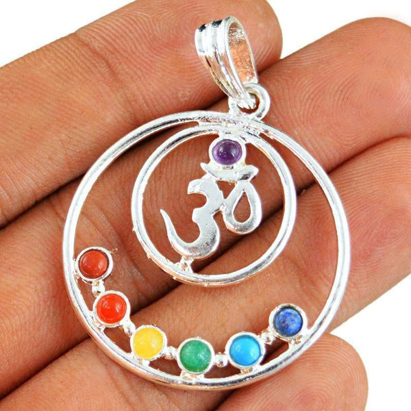 gemsmore:Natural Seven Chakra Round Shape Om Healing Pendant