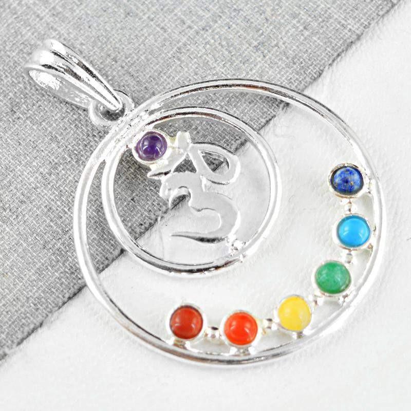 gemsmore:Natural Seven Chakra Round Shape Om Healing Pendant