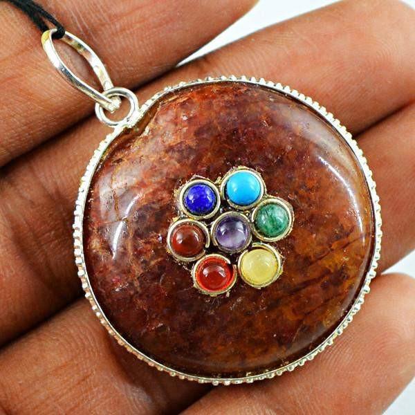 gemsmore:Natural Seven Chakra Round Shape Orange Aventurine Pendant