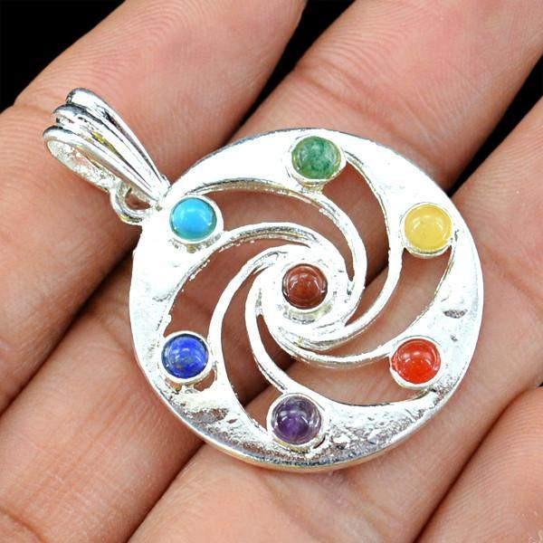 gemsmore:Natural Seven Chakra Round Shape Reiki Healing Pendant