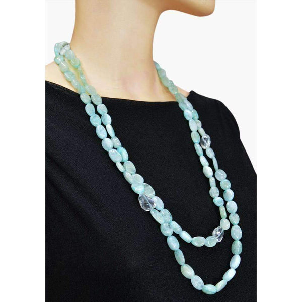 gemsmore:Natural Single Strand Blue Aquamarine & White Quartz Beads Necklace