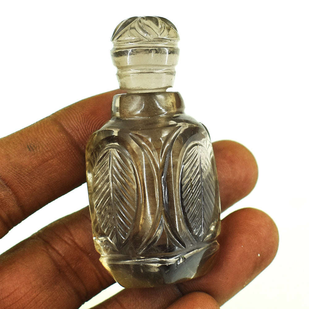 gemsmore:Natural Smoky Quartz  Hand Carved Genuine Crystal Gemstone Carving Perfume Bottle