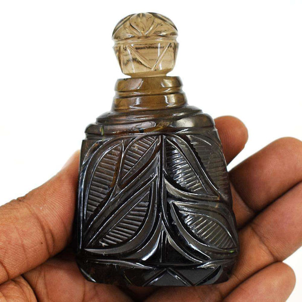 gemsmore:Natural Smoky Quartz Hand Carved Genuine Crystal Gemstone Carving Perfume Bottle