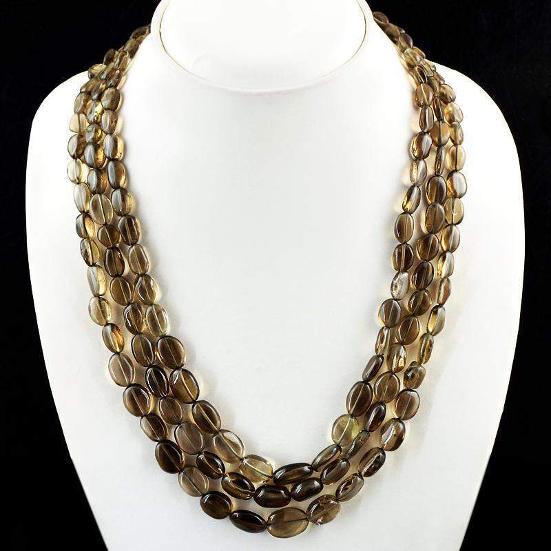 gemsmore:Natural Smoky Quartz Necklace 3 Line Oval Shape Beads