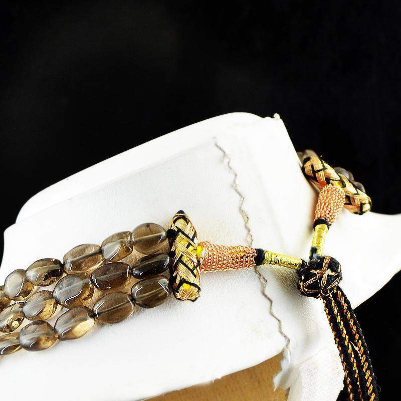 gemsmore:Natural Smoky Quartz Necklace 3 Line Oval Shape Beads
