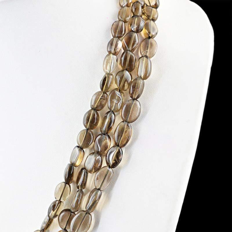gemsmore:Natural Smoky Quartz Necklace 3 Line Oval Shape Untreated Beads