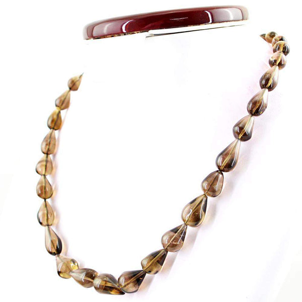 gemsmore:Natural Smoky Quartz Necklace Pear Shape Untreated Beads
