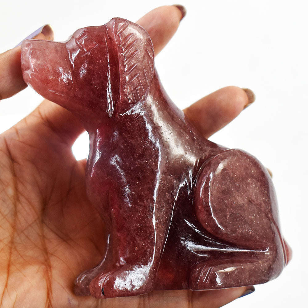 gemsmore:Natural Strawberry Quartz Hand Carved Craftsmen Carved Crystal Dog Gemstone