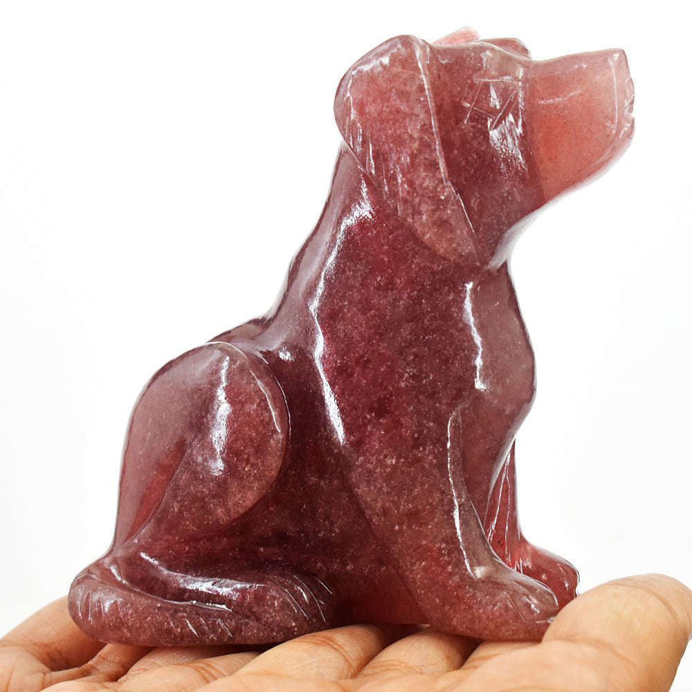 gemsmore:Natural Strawberry Quartz Hand Carved Craftsmen Carved Crystal Dog Gemstone