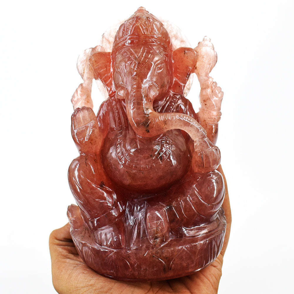 gemsmore:Natural Strawberry Quartz Hand Carved Lord Ganesha