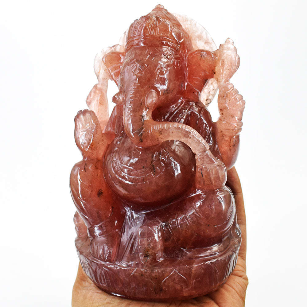 gemsmore:Natural Strawberry Quartz Hand Carved Lord Ganesha