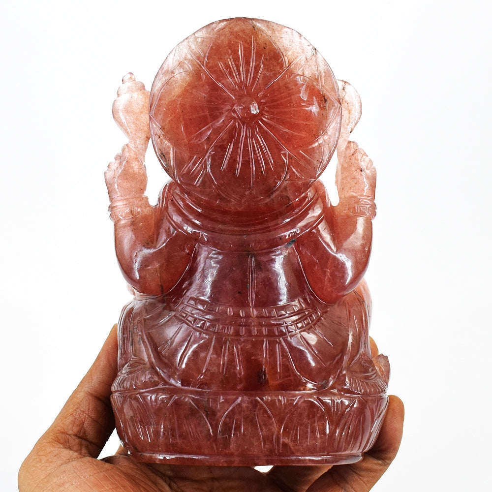 gemsmore:Natural Strawberry Quartz Hand Carved Lord Ganesha