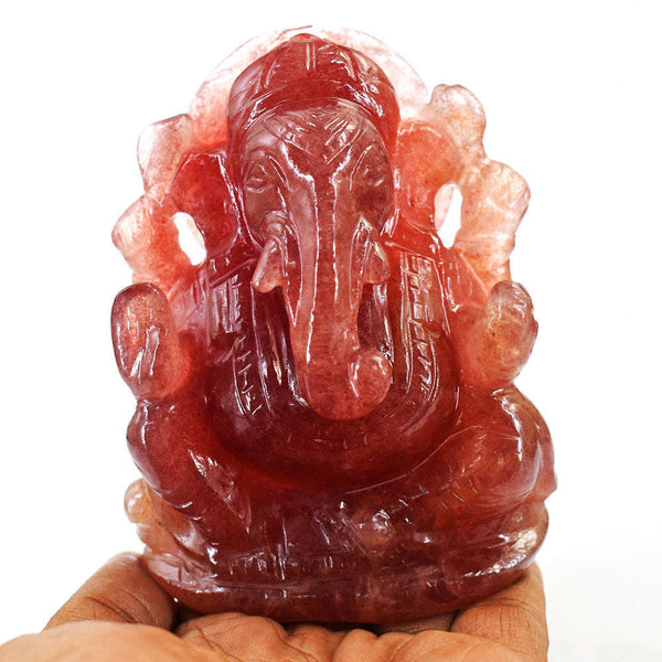 gemsmore:Natural Strawberry Quartz Hand Carved Lord Ganesha
