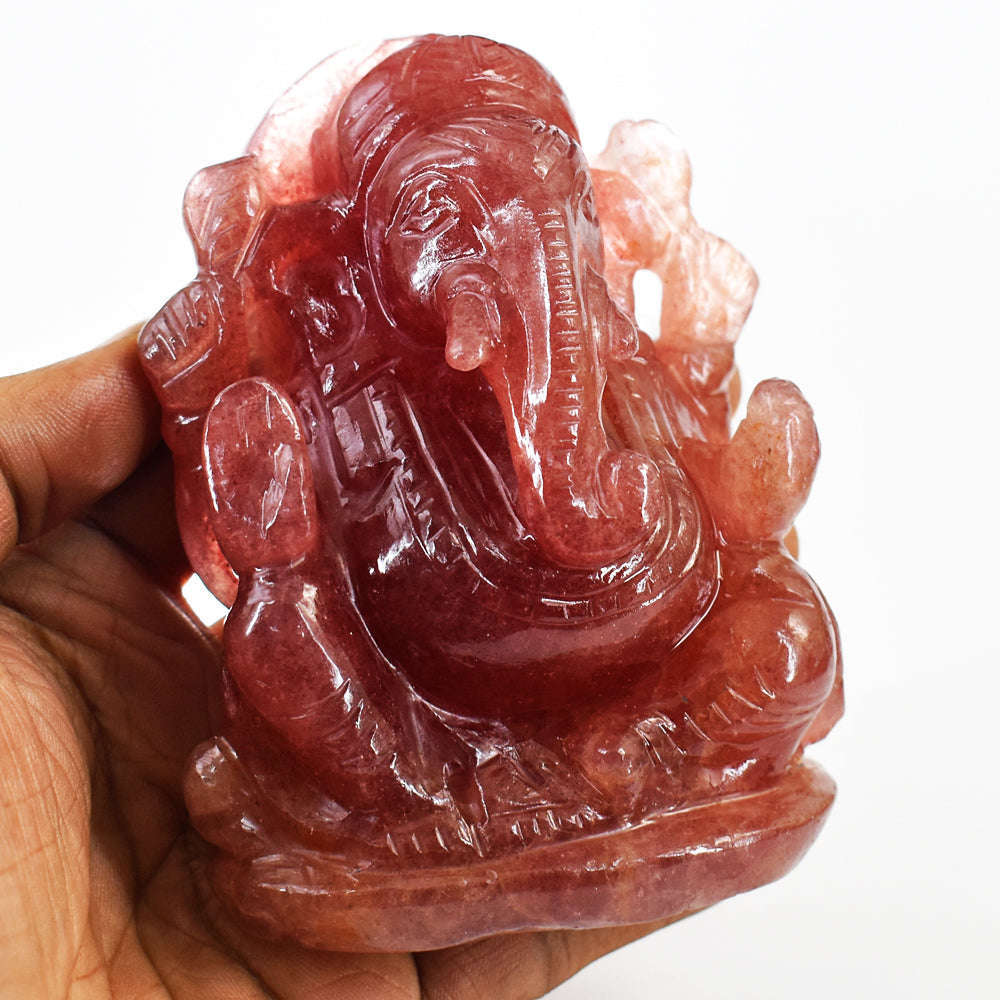 gemsmore:Natural Strawberry Quartz Hand Carved Lord Ganesha