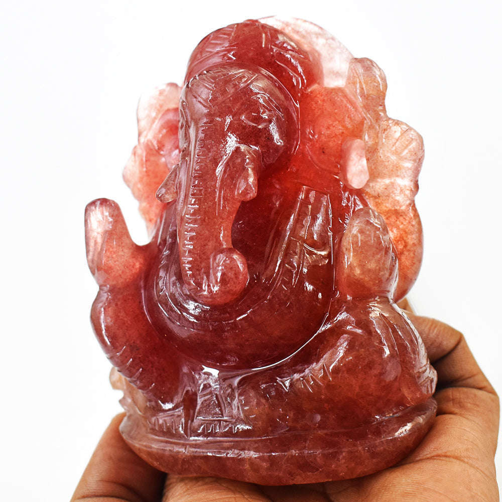 gemsmore:Natural Strawberry Quartz Hand Carved Lord Ganesha