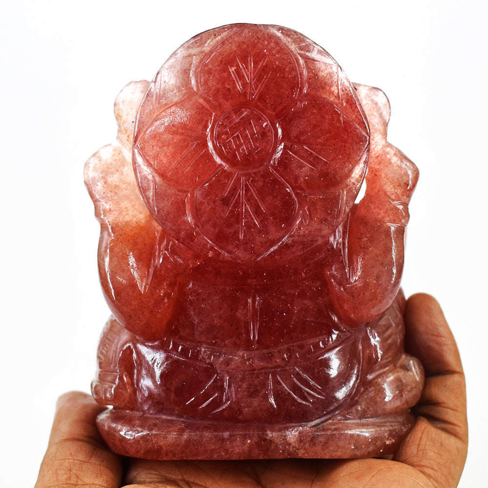 gemsmore:Natural Strawberry Quartz Hand Carved Lord Ganesha