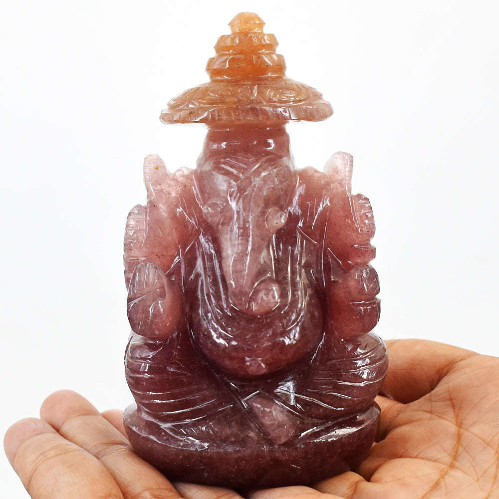 gemsmore:Natural Strawberry Quartz Hand Carved Lord Ganesha Gemstone Carving