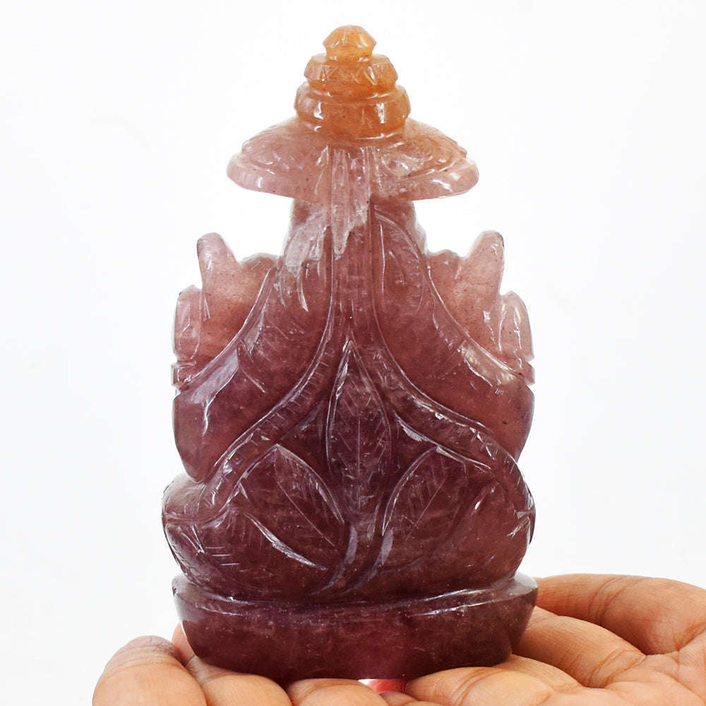 gemsmore:Natural Strawberry Quartz Hand Carved Lord Ganesha Gemstone Carving