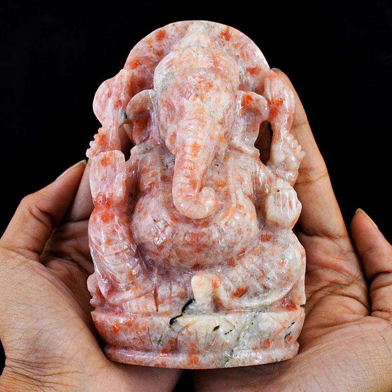 gemsmore:Natural Sunstone Hand Carved Genuine Crystal Gemstone Carving Lord Ganesha