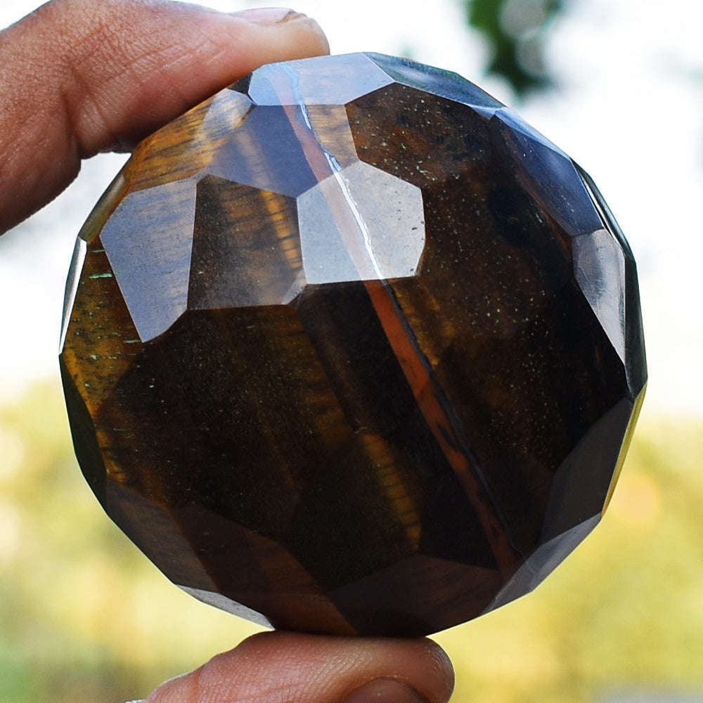 gemsmore:Natural Tiger Eye Hand Carved Checkers Cut Healing Crystal Sphere