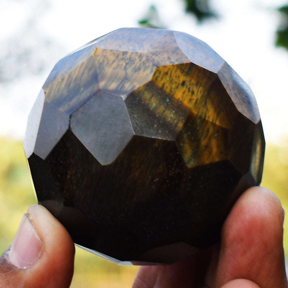 gemsmore:Natural Tiger Eye Hand Carved Checkers Cut Healing Crystal Sphere