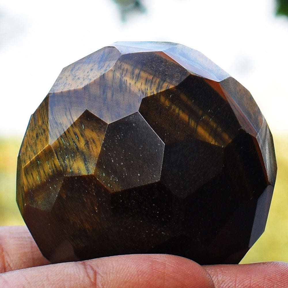 gemsmore:Natural Tiger Eye Hand Carved Checkers Cut Healing Crystal Sphere