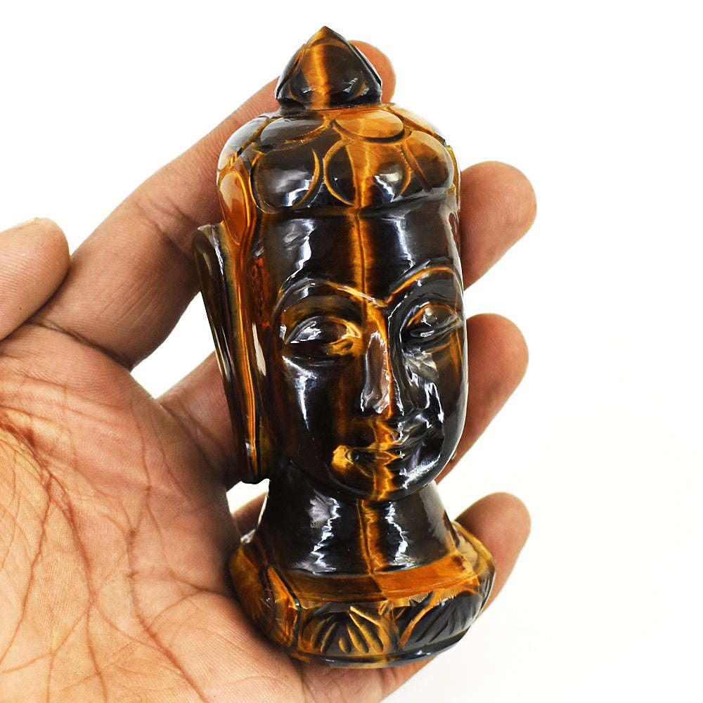 gemsmore:Natural Tiger Eye Hand Carved Genuine Crystal Gemstone Carving Buddha Head