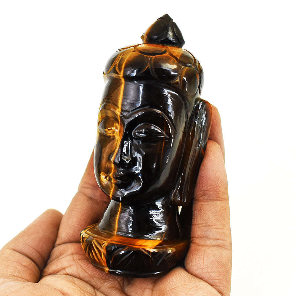 gemsmore:Natural Tiger Eye Hand Carved Genuine Crystal Gemstone Carving Buddha Head