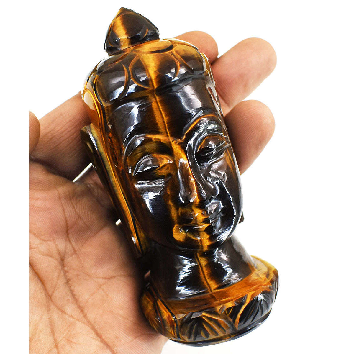 gemsmore:Natural Tiger Eye Hand Carved Genuine Crystal Gemstone Carving Buddha Head