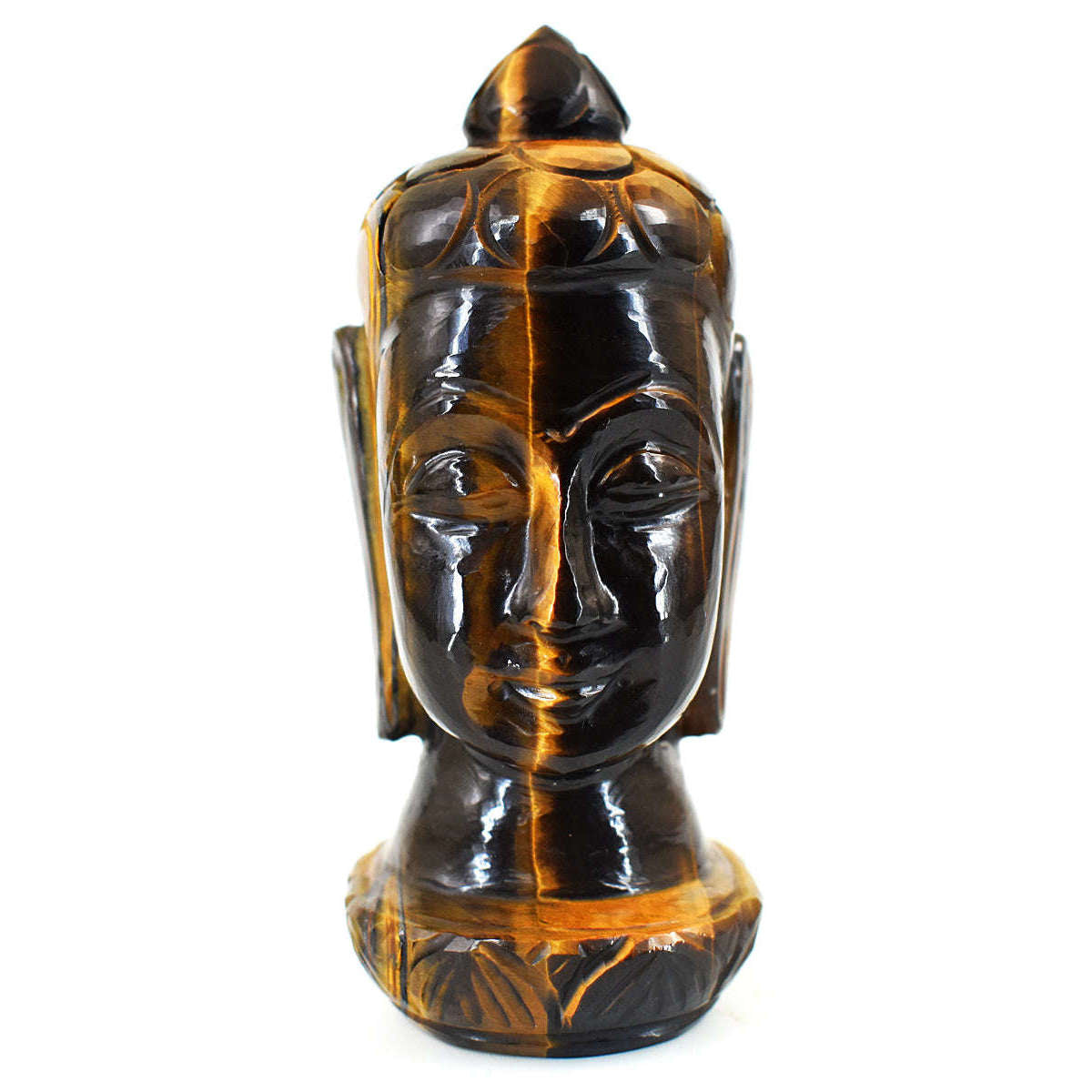 gemsmore:Natural Tiger Eye Hand Carved Genuine Crystal Gemstone Carving Buddha Head