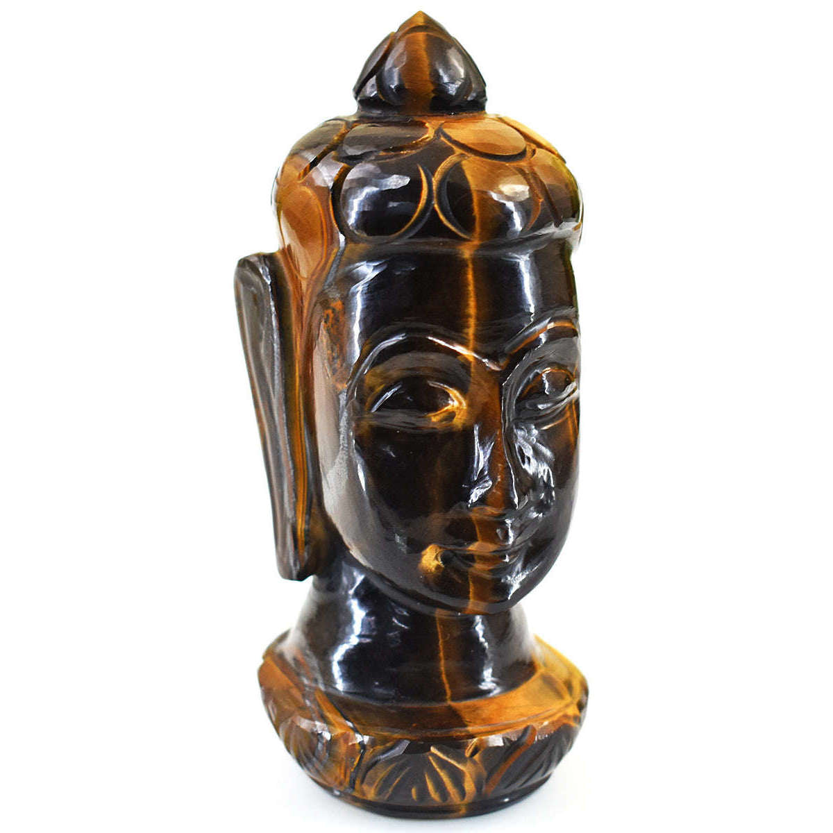 gemsmore:Natural Tiger Eye Hand Carved Genuine Crystal Gemstone Carving Buddha Head