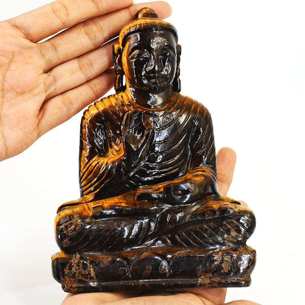 gemsmore:Natural Tiger Eye Hand Carved Genuine Crystal Gemstone Carving Lord Buddha