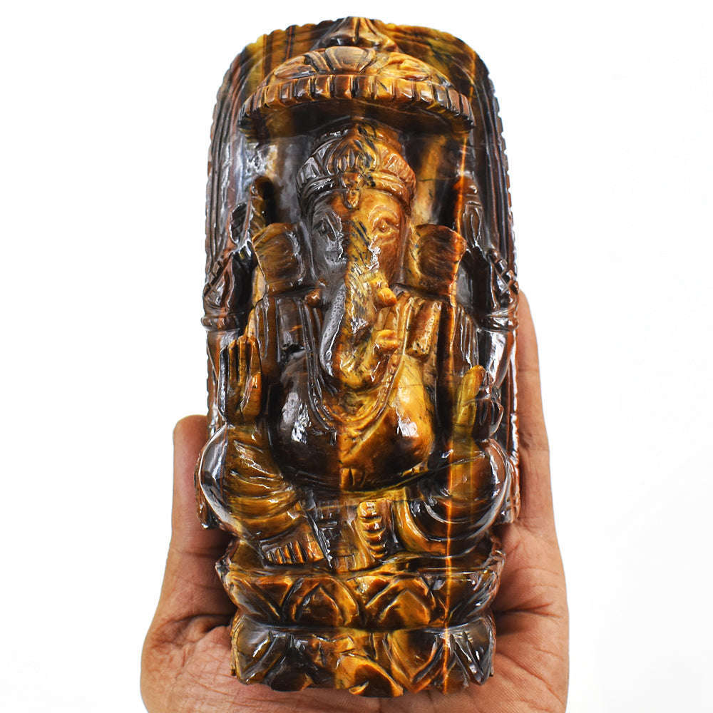 gemsmore:Natural Tiger Eye Hand Carved Genuine Crystal Gemstone Carving Lord Ganesha