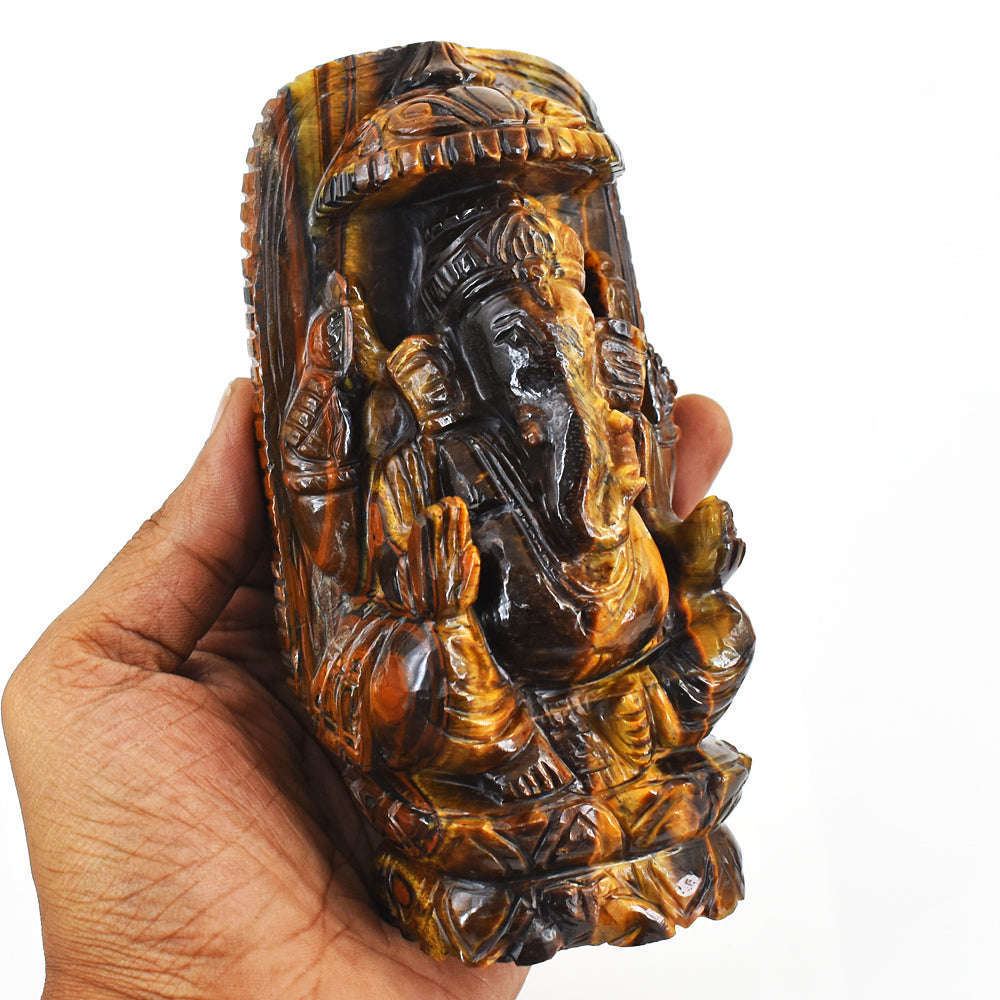 gemsmore:Natural Tiger Eye Hand Carved Genuine Crystal Gemstone Carving Lord Ganesha