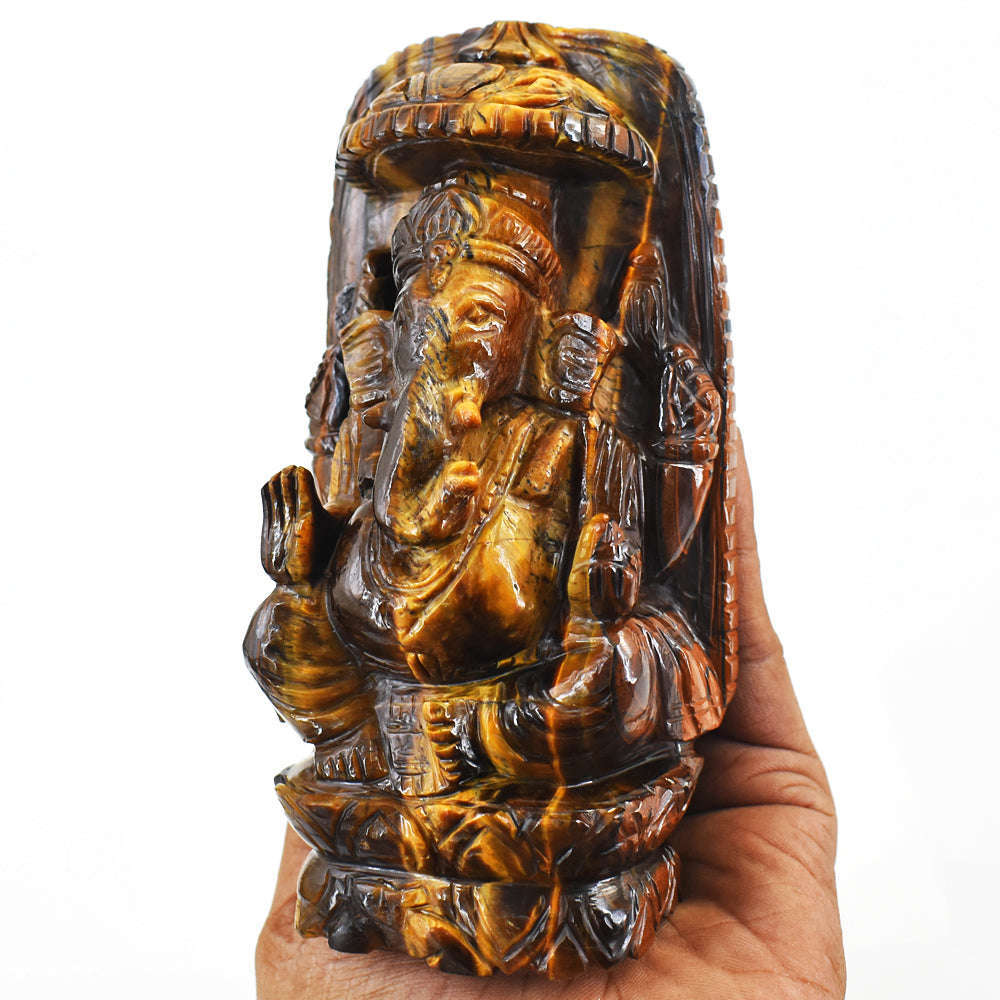 gemsmore:Natural Tiger Eye Hand Carved Genuine Crystal Gemstone Carving Lord Ganesha