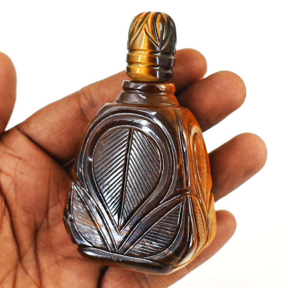 gemsmore:Natural Tiger Eye Hand Carved Genuine Crystal Gemstone Carving Perfume Bottle
