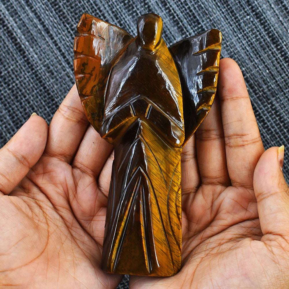 gemsmore:Natural Tiger Eye Hand Carved Healing Praying Angel