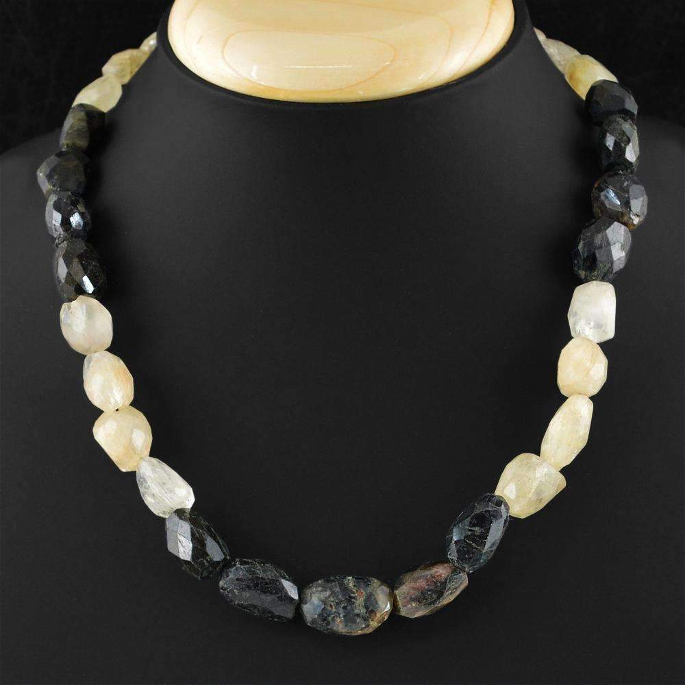 gemsmore:Natural Tourmaline & Rutile Quartz Necklace Single Strand Untreated Faceted Beads