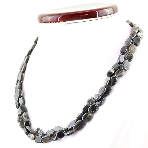 gemsmore:Natural Untreated Black Jasper Necklace 2 Strand Oval Shape Beads